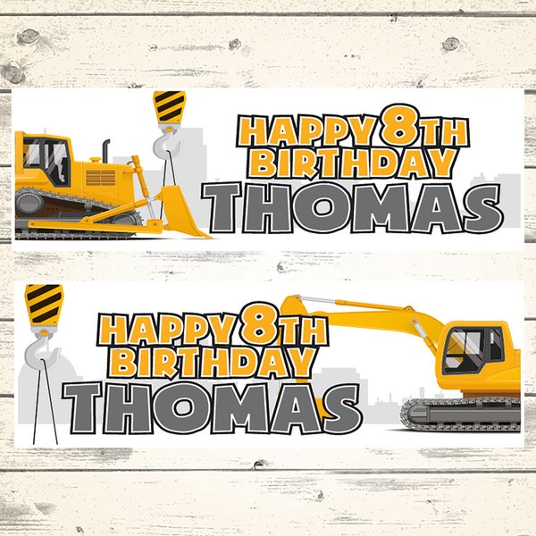 2 Personalised Digger Birthday Banners Design 2 - Choice of 2 Styles Any NAME and Any AGE
