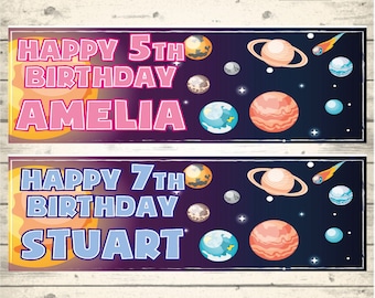 2 Personalised Space Planets Birthday Party Banners - Any NAME and Any AGE