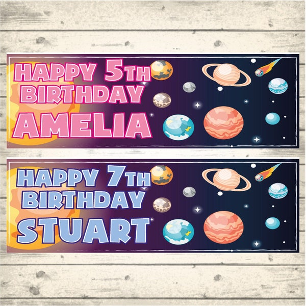 2 Personalised Space Planets Birthday Party Banners - Any NAME and Any AGE