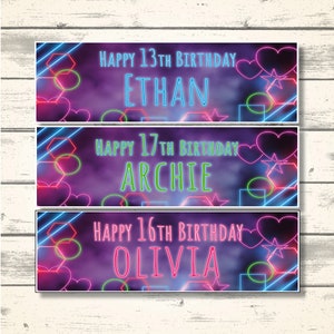 2 Personalised Neon Shape Design 2 Birthday Banners - Any NAME and Any AGE - Available in a section of colours