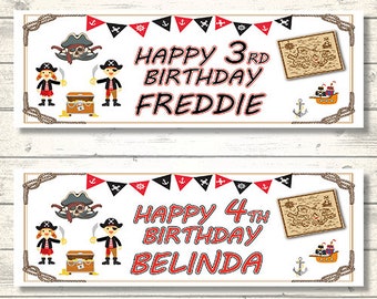 May include: Two pirate-themed birthday banners. The top banner says "Happy 3rd Birthday Freddie" with pirate illustrations and a treasure map. The bottom banner says "Happy 4th Birthday Belinda" with similar pirate graphics.