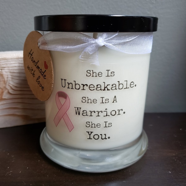 Warrior Soy 12 oz Candela.Consapevolezza del cancro al seno candela. Candela guerriera. Candela che dice infrangibile. Candele con detti. Regalo ispiratore.