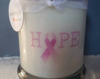 Vela de soja de 12 oz con mensaje "Esperanza" para concientizar sobre el cáncer de mama.