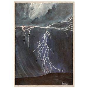 Stimmungsvoller Blitz Gemälde | Gerahmte Landschaft Kunst | Intense Storm Deep Indigo | Vintage Rustikales Gewitter | Cabochon Kunst oder Wohnzimmer