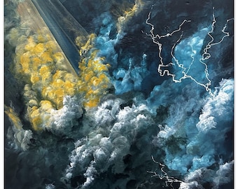 雷雨雲プリント、ドラマチックな空のウォールアート、雲間から差し込む太陽光線を描いた絵画