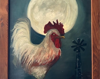 Original Rooster Oil Painting: Full Moon Farmhouse Wall Art