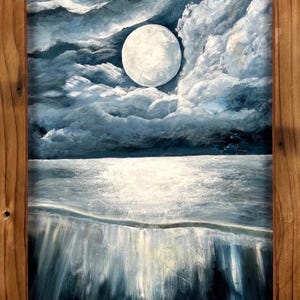 Framed Original Painting of Full Moon Reflection, Signed B Peglow, Moon in Clouds Reflecting Off Lake, Celestial Charm Wall Decor, Home Art