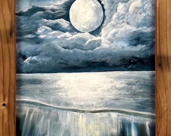 Moonlit See Ölgemälde Original Vollmond Wasser Landschaft Dramatischer Himmel Fine Art