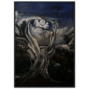 Tableau paysage de mauvaise humeur encadré | Paysage de montagne de nuit | Art inspiré de la forêt et de la nature| Pleine lune et paysages intenses | Décoration murale pour la maison