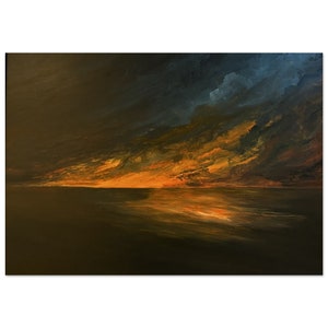 May include: Abstract painting of a dark sky with orange and yellow clouds reflecting on a dark body of water.