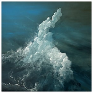 Peut inclure: Peinture abstraite d'une formation nuageuse blanche sur un fond bleu foncé et gris.