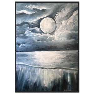Captivating Framed Print lake reflecting moon | Calm Evening Lake | Full Moon Water Reflection | Celestial Charm |Great Cabin Wall Art Decor