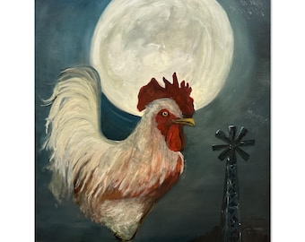 Rooster Wall Art Print, Farmhouse Chicken Painting, Full Moon Country Rustic Decor