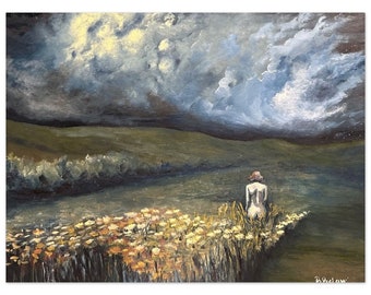 Original Painting Print, Twilight Oil Painting, Ethereal landscape art, Field of Flowers with Woman Wall Decor, Dreamlike, Haunting Artwork