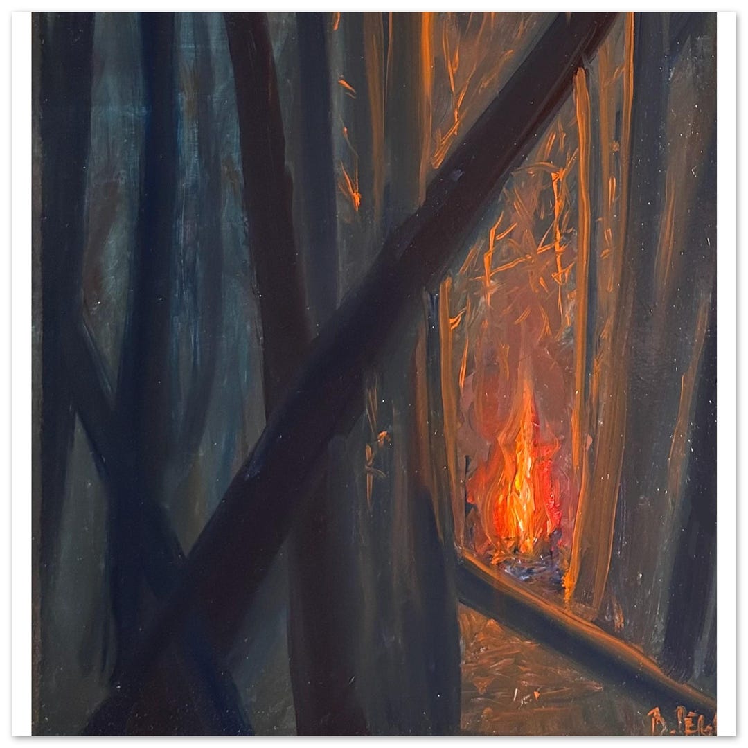 Forest Fire Art Print Dark Woods Campfire Painting Dramatic Wilderness ...