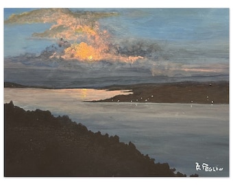 Impression originale à l'huile de coucher de soleil, impression d'art de paysage de lac en soirée, soleil se reflétant sur l'impression de peinture de lac, peinture de coucher de soleil sur l'eau, art mural