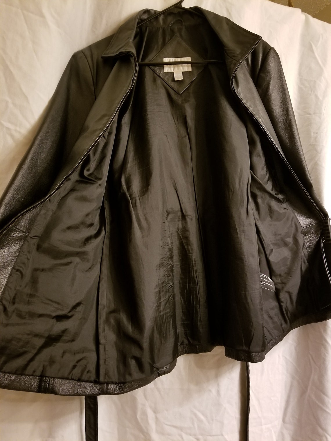 Women's black leather short belted trench coat Etsy