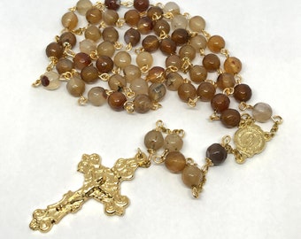 Brown Agate Gold Tone Rosary