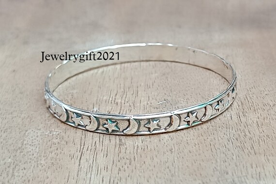 Star Moon Bangle Flower Design Bangle 925 Sterling Silver - Etsy