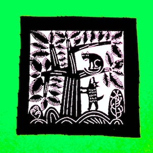 May include: Black and white illustration of a tree with two animals. One animal is sitting on a branch and the other is standing on the ground. The illustration is framed in a black square.