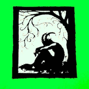 Könnte beinhalten: Schwarz-weiß-Illustration einer Person, die unter einem Baum mit wirbelnden Ästen sitzt. Die Person ist zusammengesunken und hält den Kopf in den Händen.