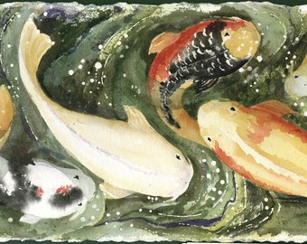 Koi Watercolor Painting/ Fish Art/ 10X30 Gicle Print/ Koi Watercolor/ Koi Pond/ Feng Shui Art/ Koi Art/ Koi Giclee Print/ Debi Garcia-Benson
