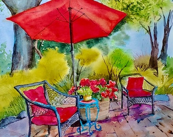 Red Umbrella Watercolor Painting/ Red Geraniums/ Garden Painting/ Wicker Chair/ Giclee Print/ Original Art/ Debi Garcia-Benson/ Wedding Gift