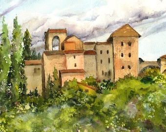 Tuscan Monastery Watercolor, Hills of Tuscany, Italy Fine Art Print, Travel Art, Giclee Print from Original Watercolor by Debi Garcia-Benson