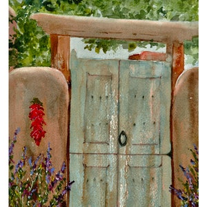 Rustic Southwestern Gate/ Santa Fe Adobe Gate/ Santa Fe Watercolor/ Blue Gate/ Giclee&#39; Print/ Red Peppers/ New Mexico/ Debi Garcia-Benson
