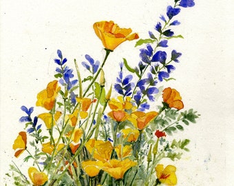 California Poppy and Lupine, Botanical Print, Spring Flower, Wildflower, Original Watercolor Debi Garcia-Benson, Poppy Art, Mothers Day Gift