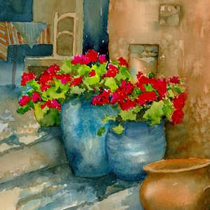 Southwest Flower Pots on the Adobe Steps Watercolor/ Santa Fe New Mexico Art/ Red Geraniums/ Turquoise/ Giclee' Print/ Debi Garcia-Benson