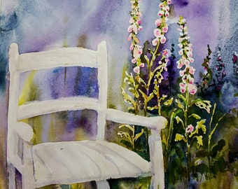 Garden Art, Foxglove Watercolor Painting, Vintage White Garden Chair, One of a Kind/ Romantic Painting/ Original Art by Debi Garcia-Benson