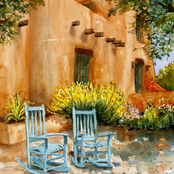 Santa Fe Adobe Watercolor/ Southwest Art/ New Mexico Art/ Colorful Painting/ Quality Giclee Print from original Debi Garcia-Benson Painting