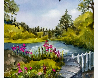 Ireland Landscape Watercolor/ Cong Irish Village/ Irish Pond/ Unique Gift/ Quality Giclee Print/ Original Watercolor by Debi Garcia-Benson
