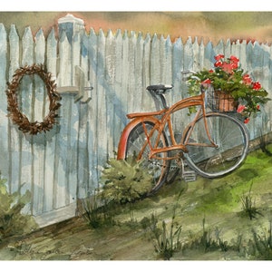 Red Bike Watercolor/ Rusty Red Bicycle/ Rustic Bike/ Beach Cruiser/ Gift/ French Countryside/ Giclee Print/ Original by Debi Garcia- Benson