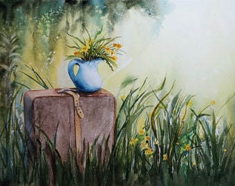 Suitcase/ Blue Vase with Daffodils/ Travel Painting/ Flower Watercolor/ Spring Flowers Painting/ Giclee'/  Debi Garcia-Benson/ Birthday Gift