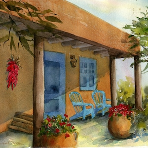 Santa Fe Adobe Watercolor/ New Mexico Art/ Southwest Painting/ Chairs on the Porch/ Giclee Print on Heavy Art Paper/  Debi Garcia-Benson