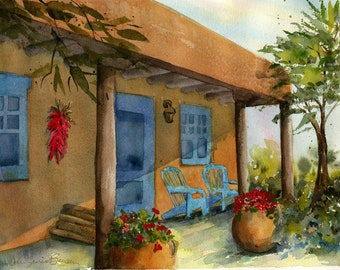 Santa Fe Adobe Watercolor/ New Mexico Art/ Southwest Painting/ Chairs on the Porch/ Giclee Print on Heavy Art Paper/  Debi Garcia-Benson