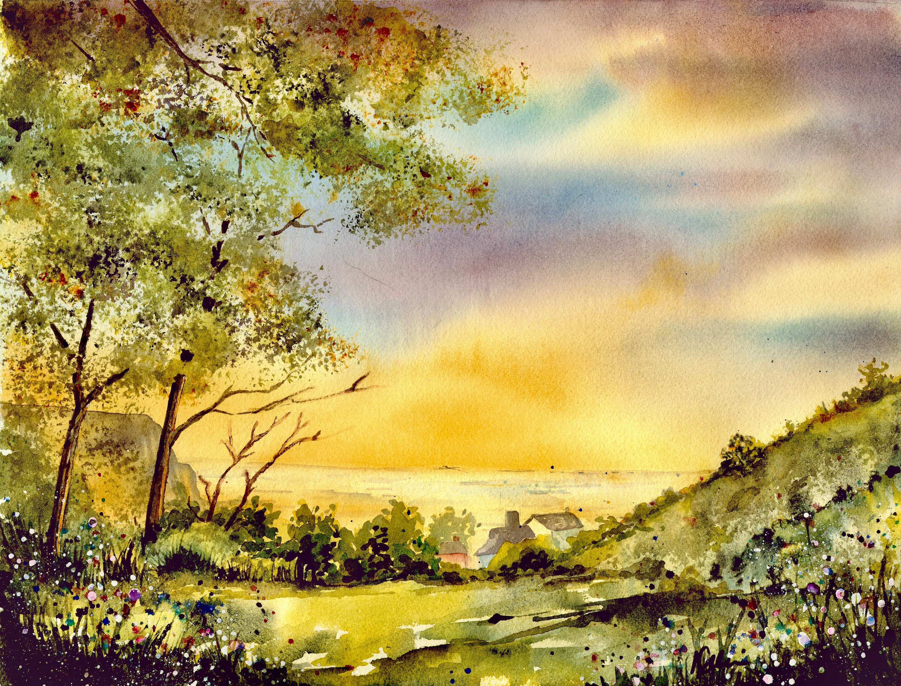 Irish Sunset Watercolor Painting/ Ireland Landscape/ Green Flower Fields/ Giclee Print/ Original by Debi Garcia-Benson/ Birthday Gift