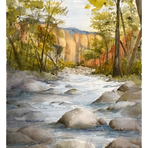 Sedona Arizona Watercolor, Oak Creek Canyon, Red Rock, Forest, Mountain Stream, Gecle Print on Heavy Fine Art Paper, Debi Garcia-Benson