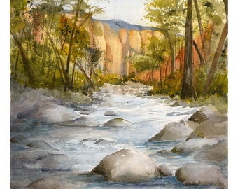 Sedona Arizona Watercolor, Oak Creek Canyon, Red Rock, Forest, Mountain Stream, Gecle Print on Heavy Fine Art Paper, Debi Garcia-Benson