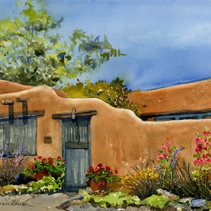 Santa Fe Adobe Watercolor/ Santa Fe Art/ New Mexico Art/ Painting/ Giclee Print/ Adobe with Spring Flowers /Original by Debi Garcia-Benson