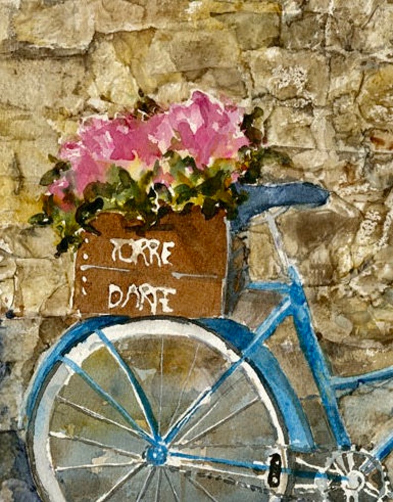 Blue Bike Watercolor/ Bicycle Painting/ French Country Art/ Etsy