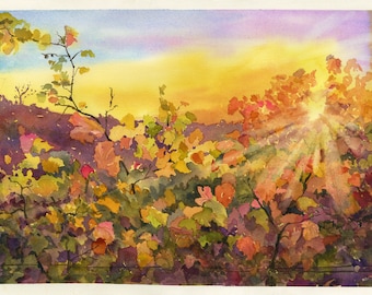 Winery Sunset/ Vineyard Watercolor Sunset/ Wine Country Print/ Wine Art/ Giclee Print/ Vineyard Wedding Gift/ Original/  Debi Garcia-Benson