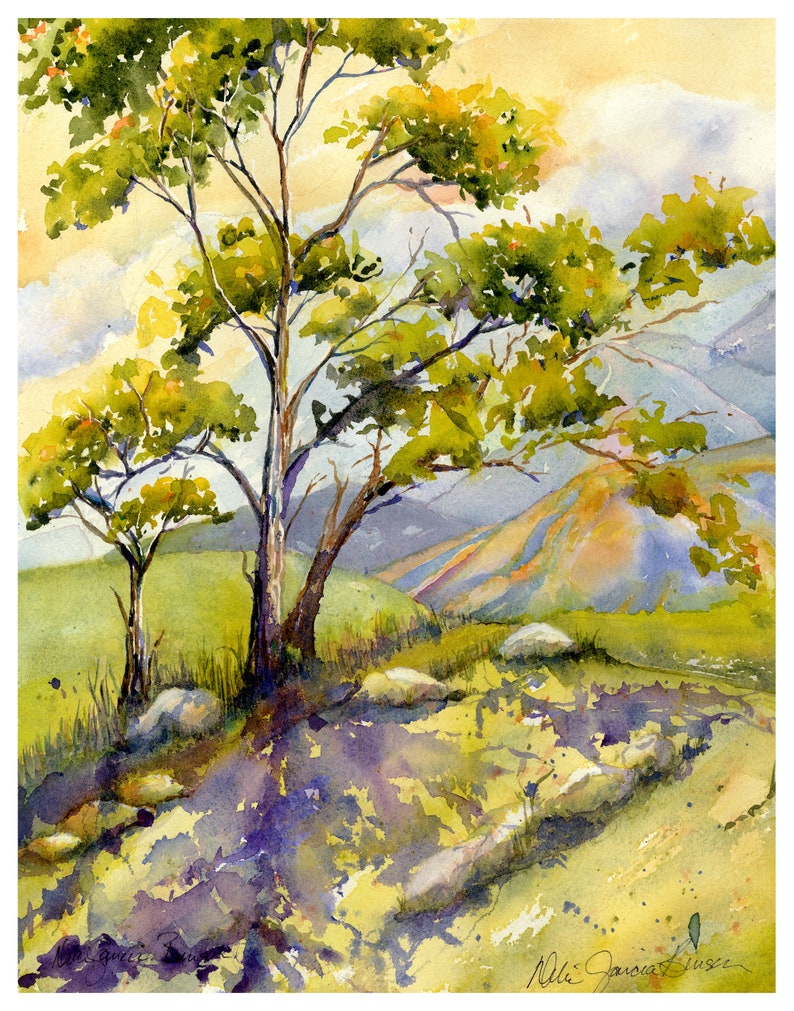 May include: Watercolor painting of a landscape featuring trees with green foliage and a grassy field. The artwork uses a palette of yellow, green, and purple hues, with a soft, diffused light. The artist's signature is visible in the lower right corner.