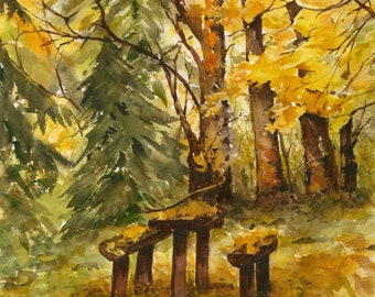 Autumn Picnic Watercolor/ Autumn Landscape/ Golden Fall Leaves/ Autumn Landscape/ Giclee Print of  Original Watercolor/ Debi Garcia-Benson