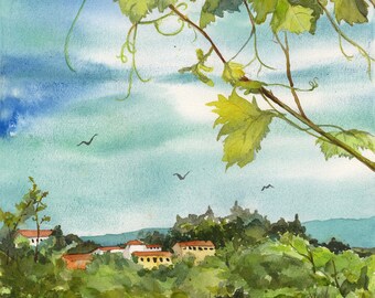 Vineyard Watercolor Paintings/ Tuscany Wine Country/ Hill Top Vineyard/ Vineyard Landscape/ Wine Lover/ Giclee Print/ Debi Garcia-Benson