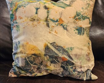 Eco Printed Silk Pillow/ Zippered Silk Throw Pillow/ Decorator Cushion/ Pale Yellow 20X20"/ One of a Kind/ 2 Sided Print/ Debi Garcia-Benson