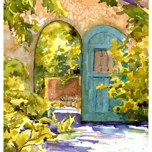 Blue Gate Watercolor/ New Mexico Garden Gate/ Santa Fe Adobe Painting/ Southwest Print/  Giclee' Print/ Original Art by Debi Garcia-Benson