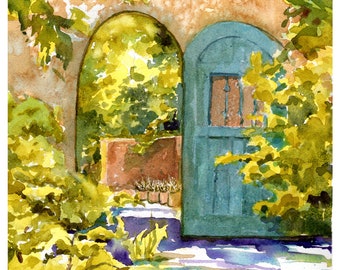 Blue Gate Watercolor/ New Mexico Garden Gate/ Santa Fe Adobe Painting/ Southwest Print/  Giclee' Print/ Original Art by Debi Garcia-Benson